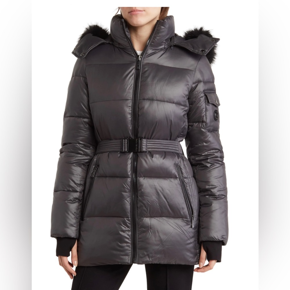 BNWT Michael Kors Faux Fur Belted Hooded Women’s Puffer size XS Gunmetal Color